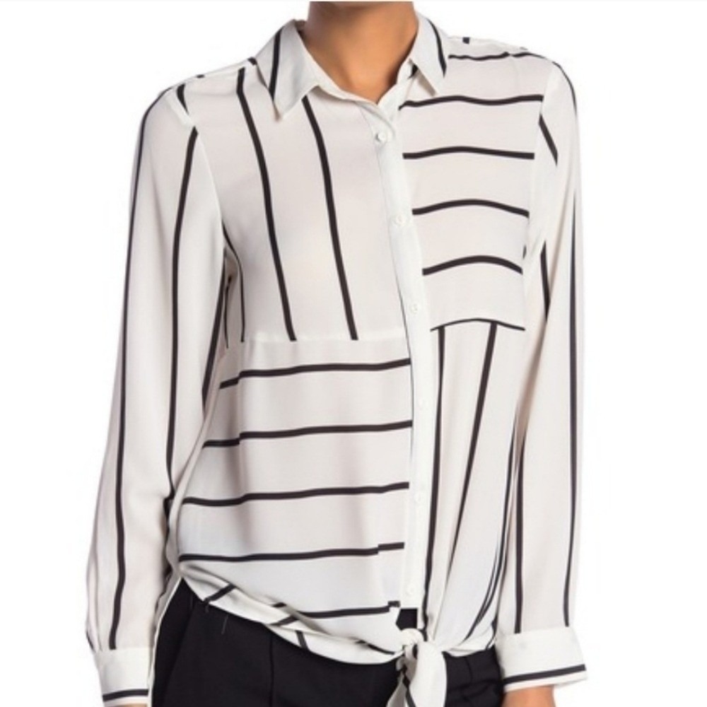 Daniel Rainn DR2 Striped Tie Front Blouse‎ Long Sleeve Button Down Casual Top M